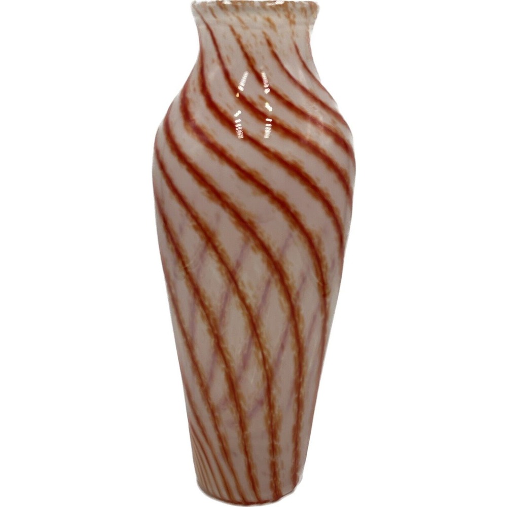Vtg MCM Art Glass Vase White Burnt Orange Swirl Design Opaline? 12" Core RARE‎